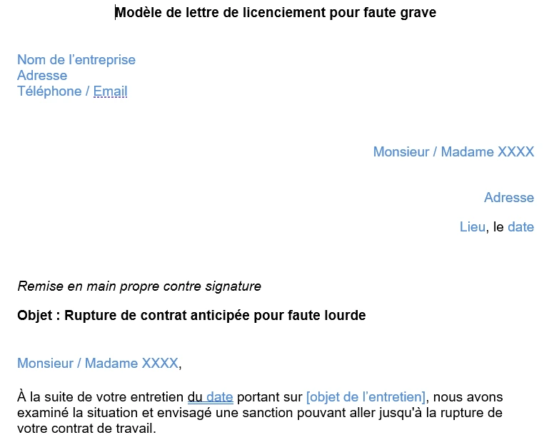 Lettre de licenciement pour faute grave